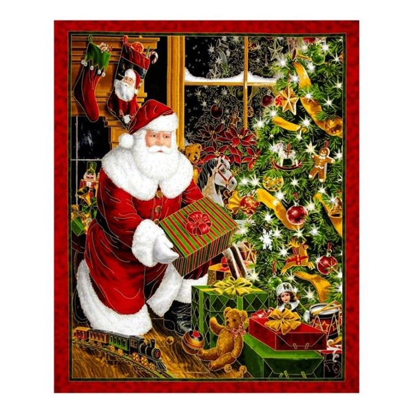 Best Time of The Year Metallic Santa & Christmas Tree Fabric Panel