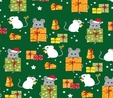 Meowy Christmas Multi Mice & Gifts on Green Fabric
